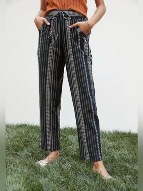 Anthropologie Essential Beach Pants black white embroidered striped tassel Small
